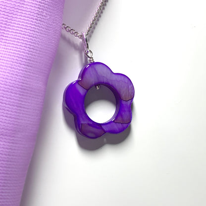 Purple Daisy Mother of Pearl Sterling Silver Necklace