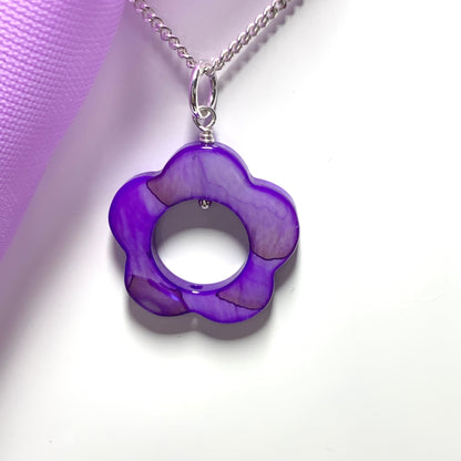 Purple Daisy Mother of Pearl Sterling Silver Necklace