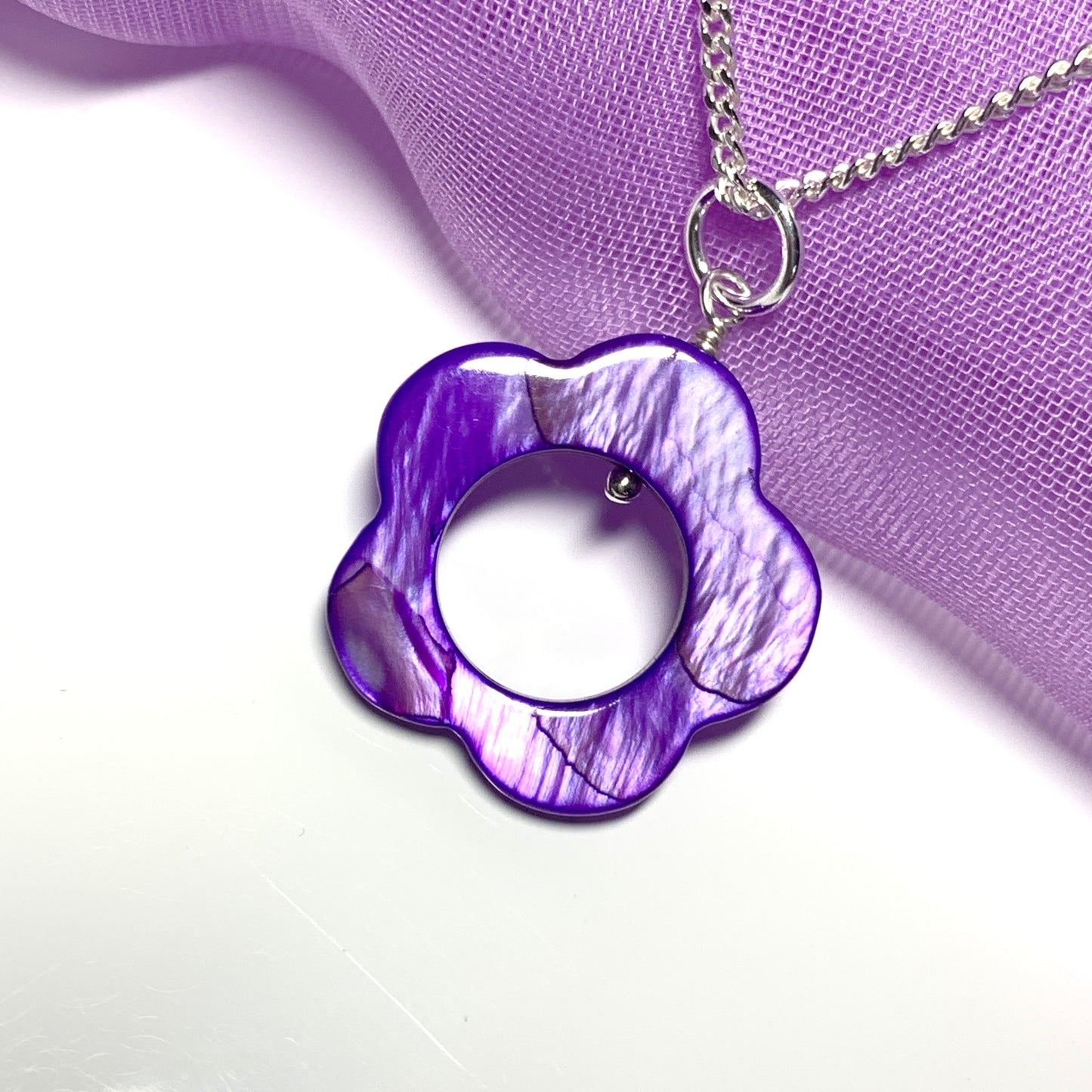Purple Daisy Mother of Pearl Sterling Silver Necklace