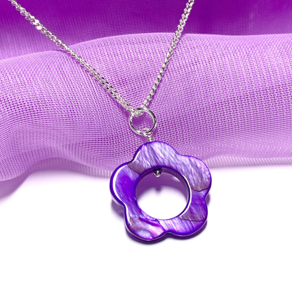 Purple Daisy Mother of Pearl Sterling Silver Necklace