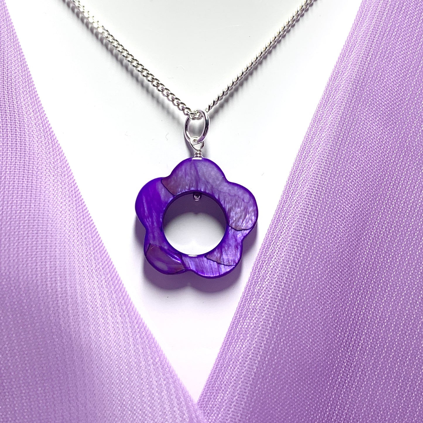 Purple Daisy Mother of Pearl Sterling Silver Necklace