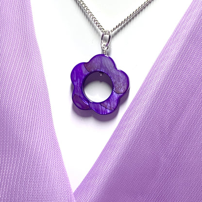 Purple Daisy Mother of Pearl Sterling Silver Necklace