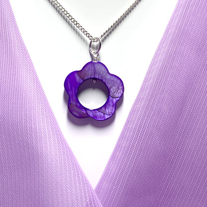 Purple Daisy Mother of Pearl Sterling Silver Necklace