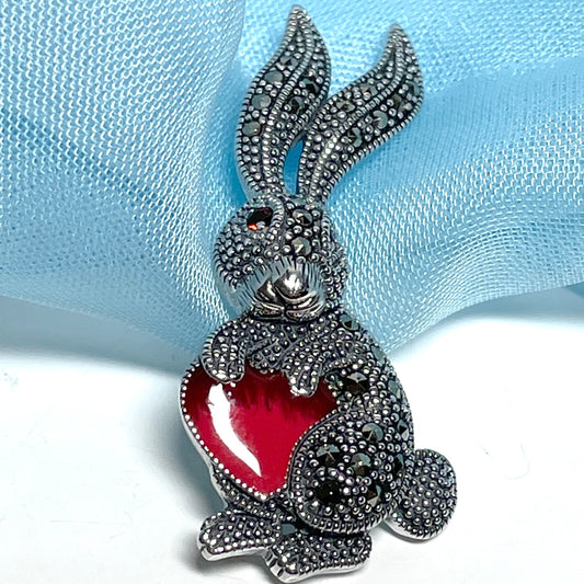 Rabbit silver brooch hugging heart
