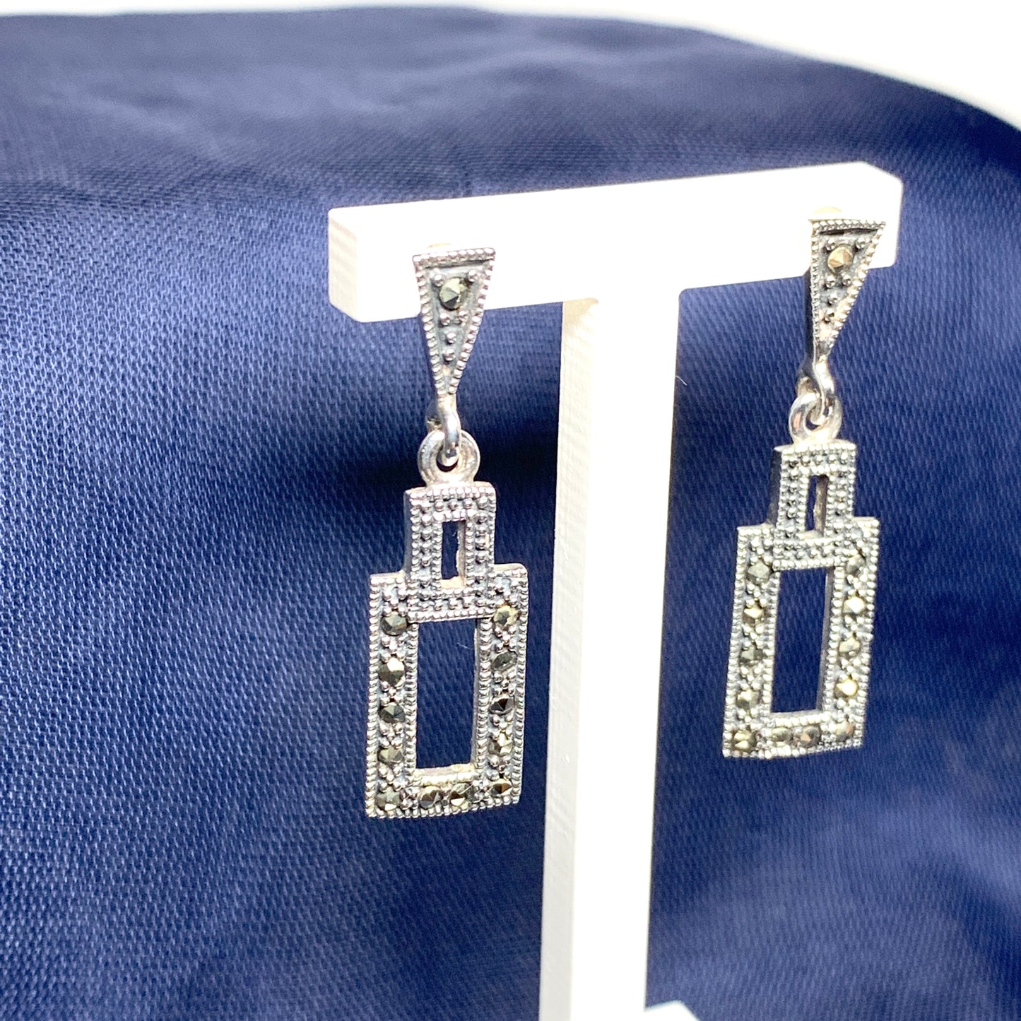 Rectangle Shaped Marcasite Sterling Silver Drop Earrings