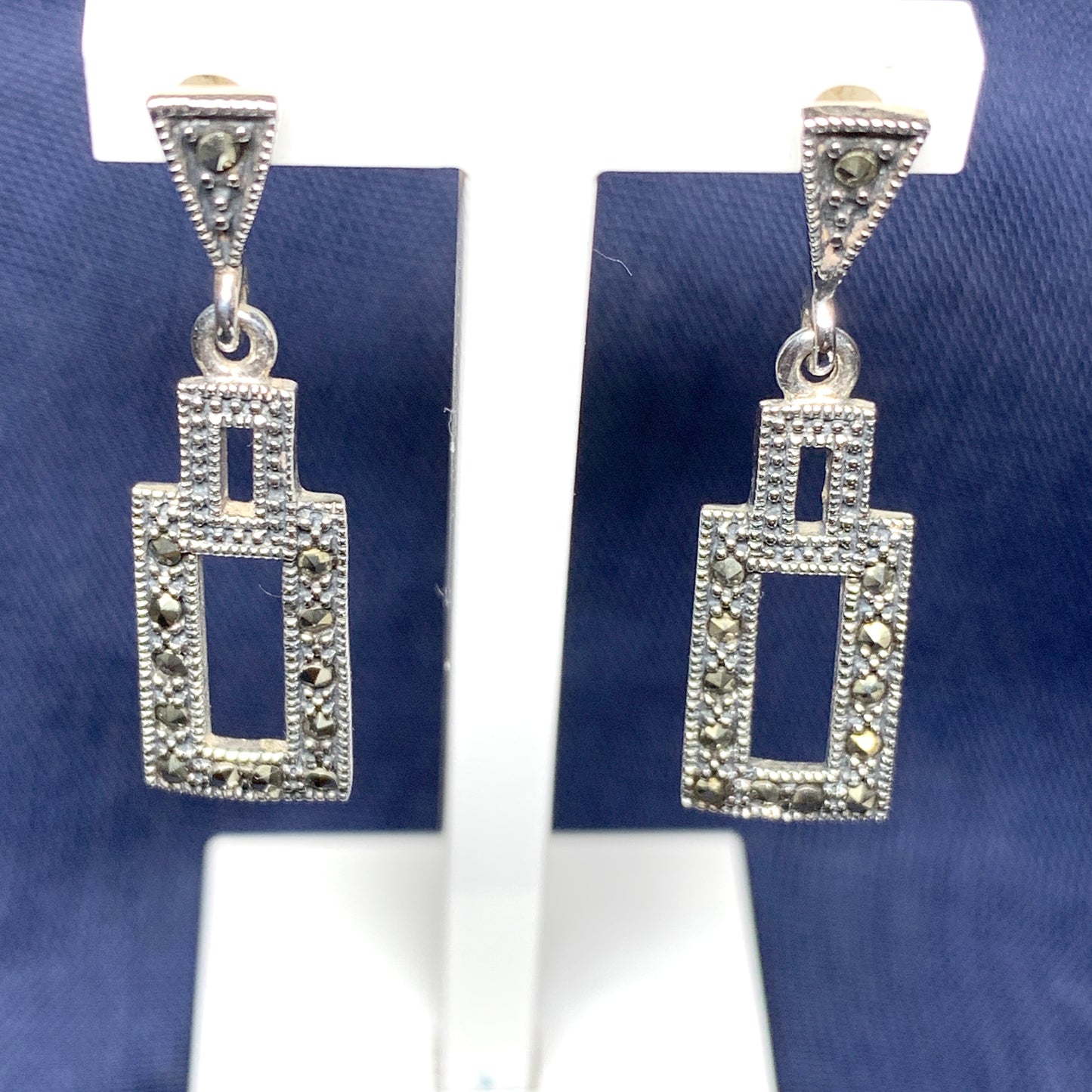 Rectangle Shaped Marcasite Sterling Silver Drop Earrings