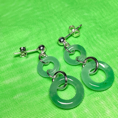 Round Sterling Silver Jade Double Circle Drop Earrings