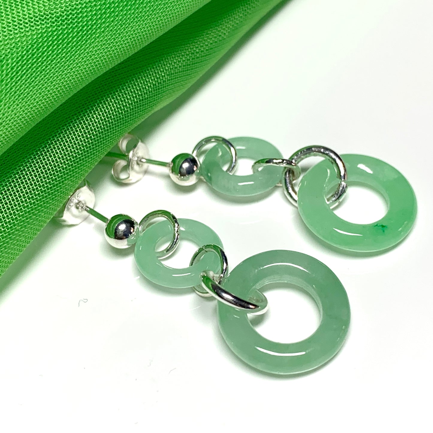 Round Sterling Silver Jade Double Circle Drop Earrings