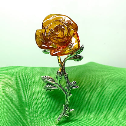 Silver Amber Rose Shaped Brooch