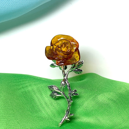 Silver Amber Rose Shaped Brooch