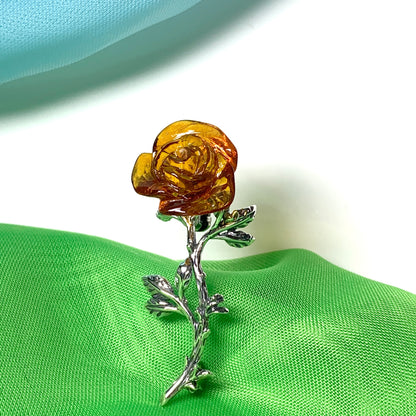 Silver Amber Rose Shaped Brooch