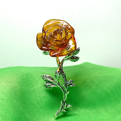 Silver Amber Rose Shaped Brooch