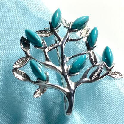 Silver turquoise tree of life brooch