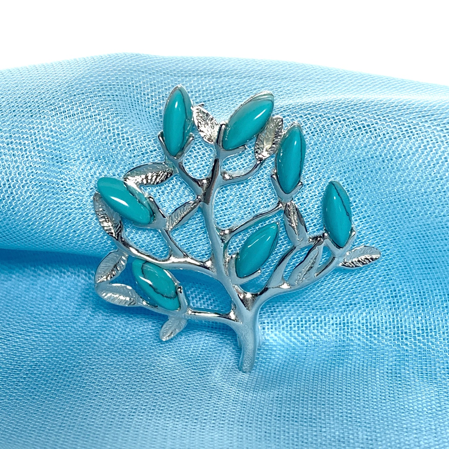 Silver turquoise tree of life brooch