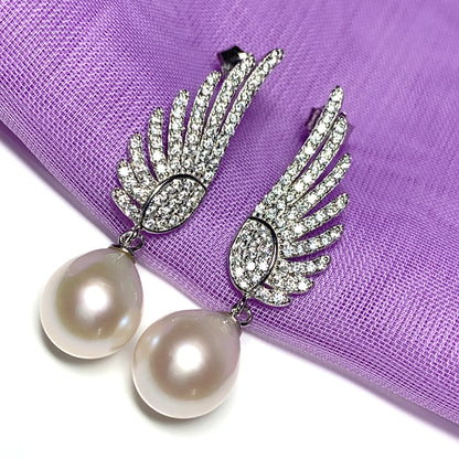 Sterling Silver Angle Wing Stud Earrings with Fresh Water Pearl and Cubic Zirconia