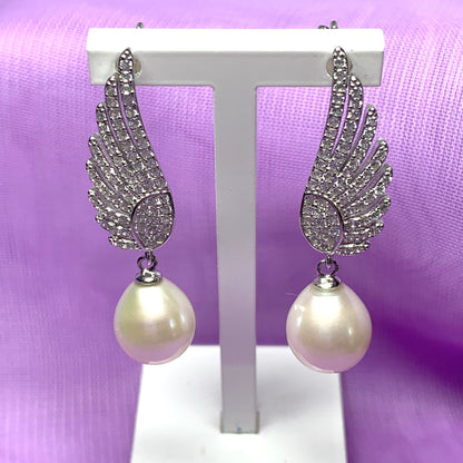 Sterling Silver Angle Wing Stud Earrings with Fresh Water Pearl and Cubic Zirconia