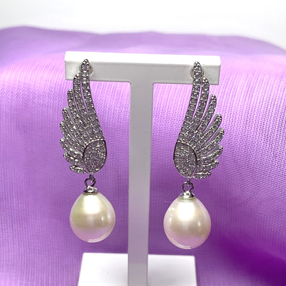 Sterling Silver Angle Wing Stud Earrings with Fresh Water Pearl and Cubic Zirconia