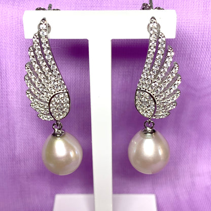 Sterling Silver Angle Wing Stud Earrings with Fresh Water Pearl and Cubic Zirconia