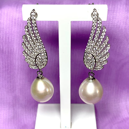 Sterling Silver Angle Wing Stud Earrings with Fresh Water Pearl and Cubic Zirconia