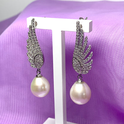 Sterling Silver Angle Wing Stud Earrings with Fresh Water Pearl and Cubic Zirconia