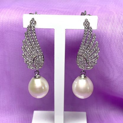 Sterling Silver Angle Wing Stud Earrings with Fresh Water Pearl and Cubic Zirconia