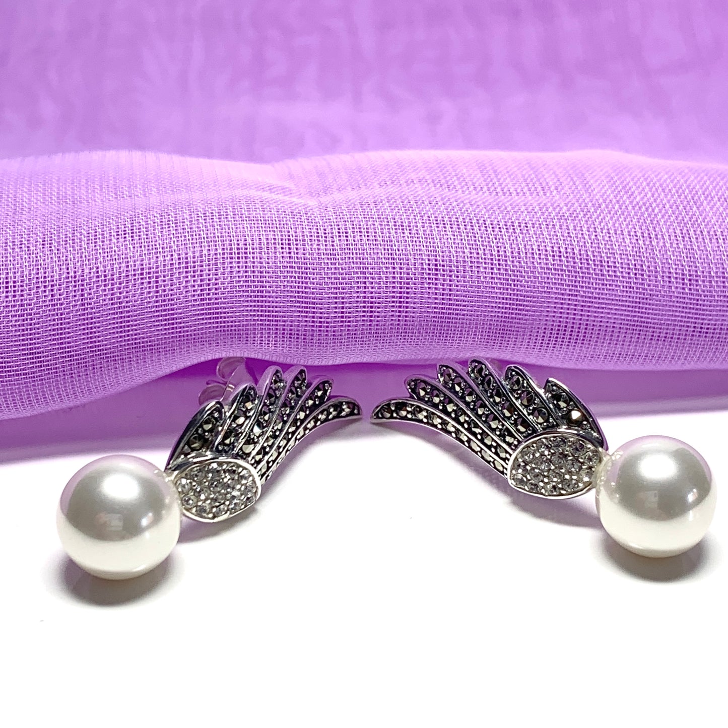 Sterling Silver Angle Wing Stud Earrings with Marcasite and Fresh Water Pearl