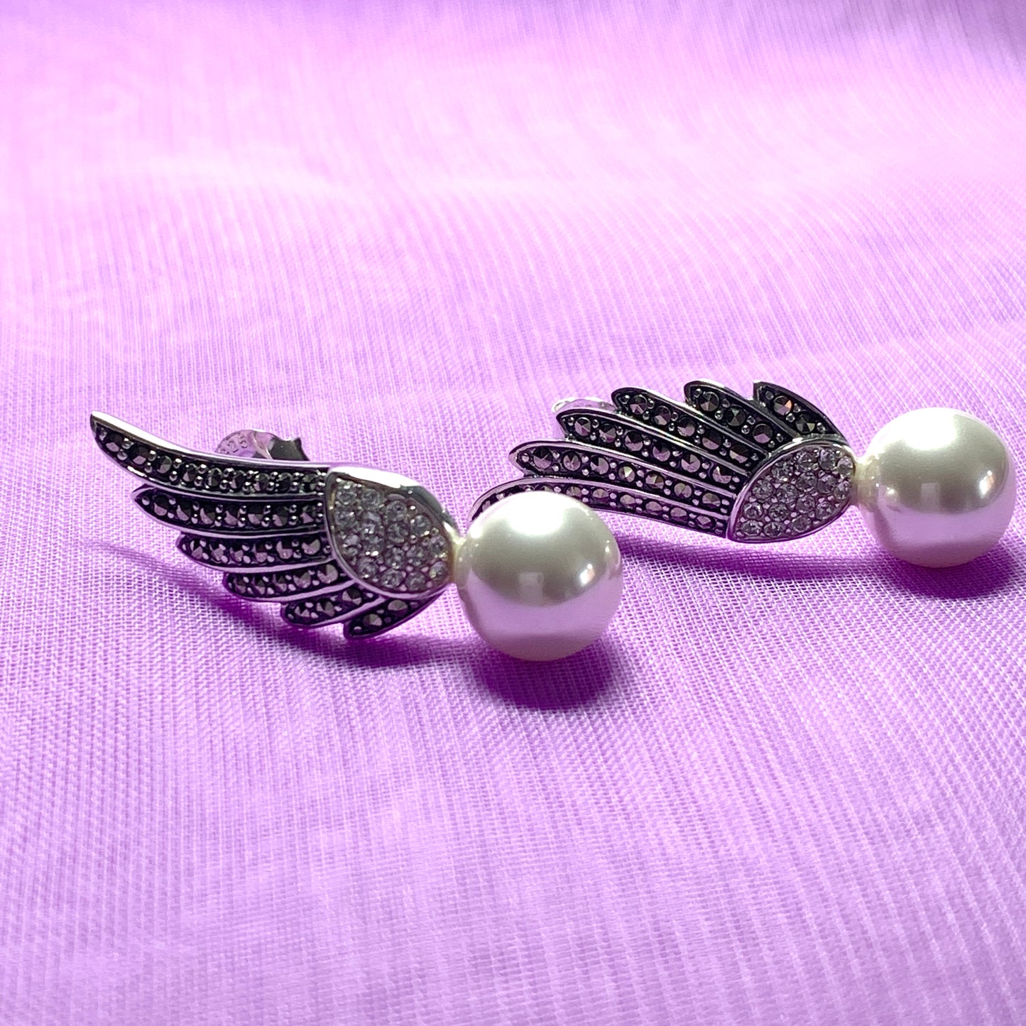 Sterling Silver Angle Wing Stud Earrings with Marcasite and Fresh Water Pearl