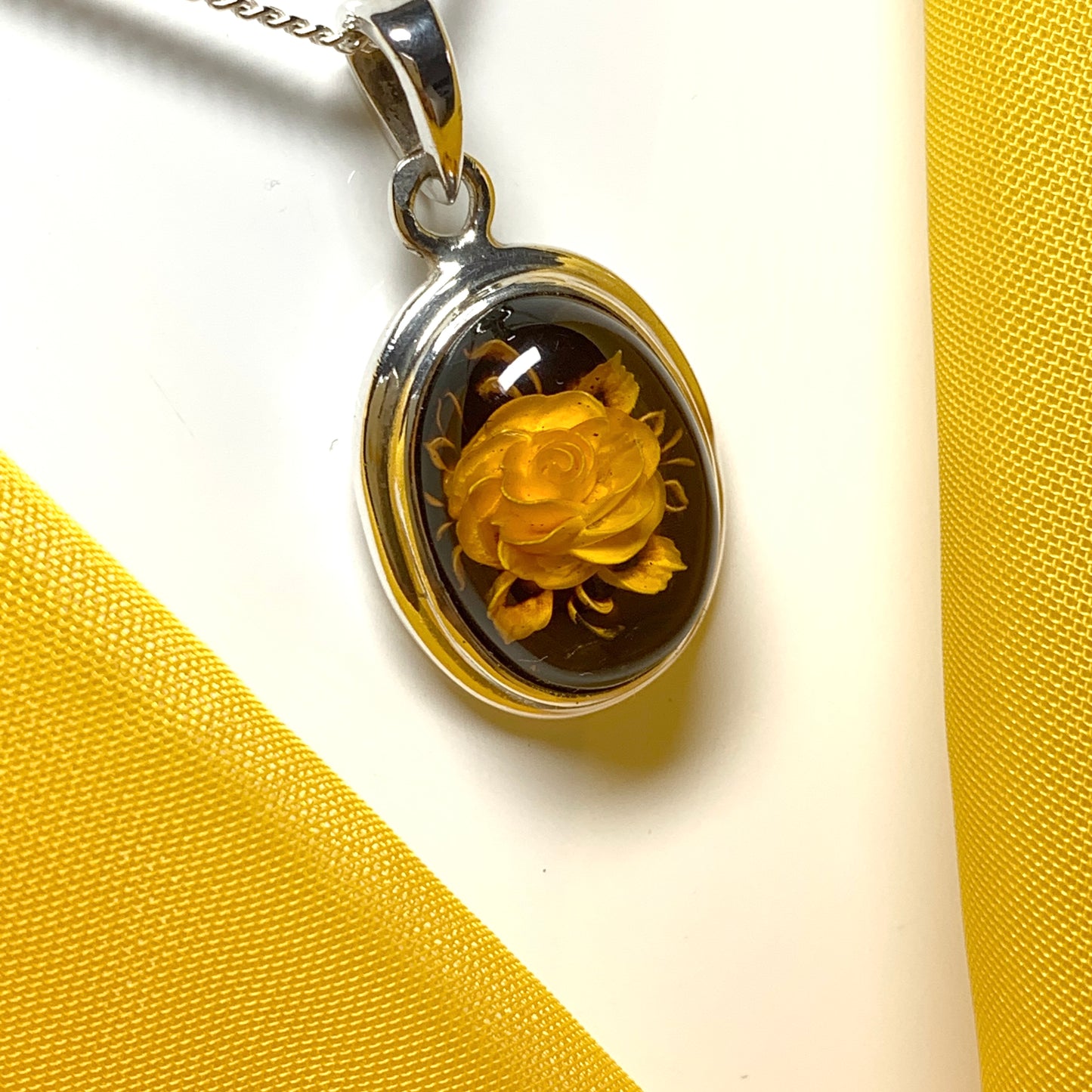 Sterling Silver Cameo Rose Oval Amber Necklace