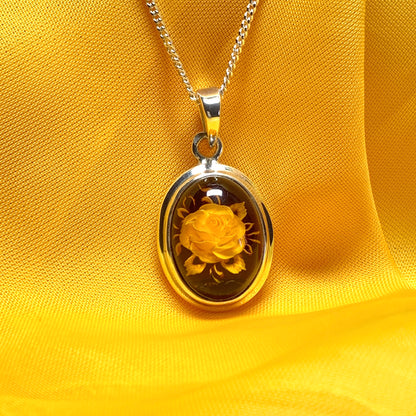 Sterling Silver Cameo Rose Oval Amber Necklace