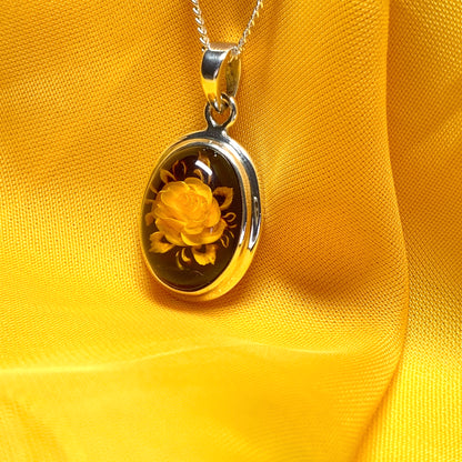 Sterling Silver Cameo Rose Oval Amber Necklace