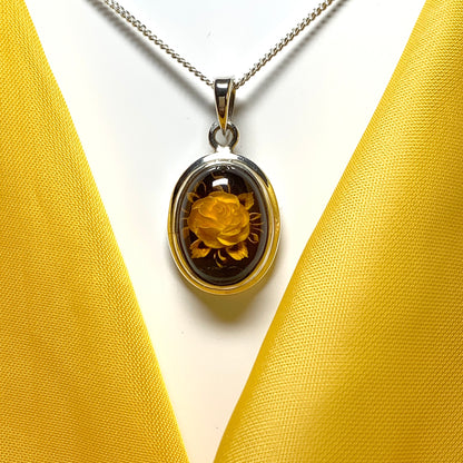 Sterling Silver Cameo Rose Oval Amber Necklace