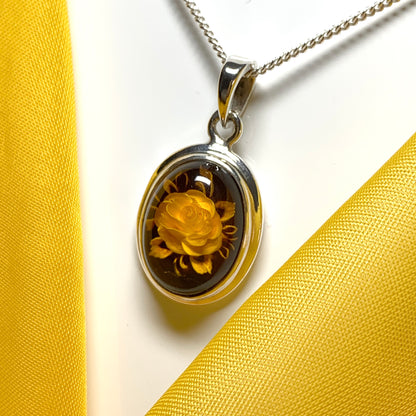 Sterling Silver Cameo Rose Oval Amber Necklace