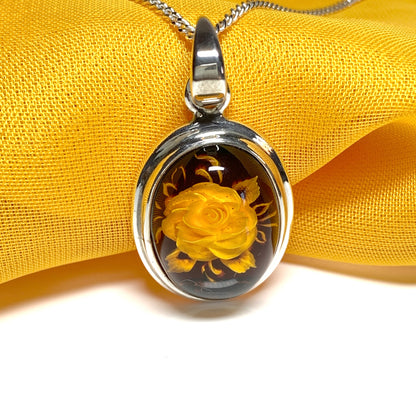 Sterling Silver Cameo Rose Oval Amber Necklace