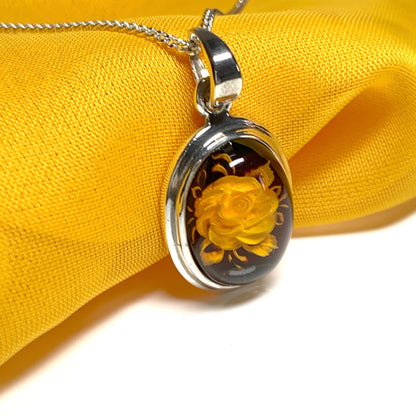 Sterling Silver Cameo Rose Oval Amber Necklace