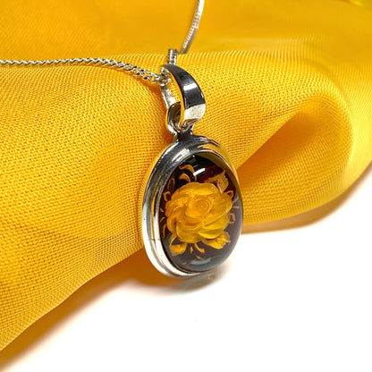 Sterling Silver Cameo Rose Oval Amber Necklace