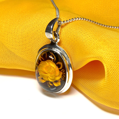 Sterling Silver Cameo Rose Oval Amber Necklace