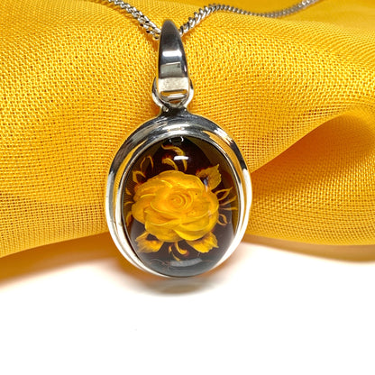 Sterling Silver Cameo Rose Oval Amber Necklace