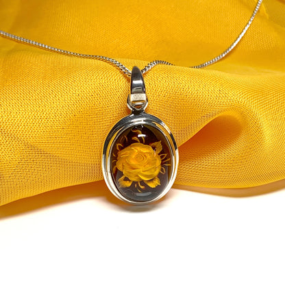 Sterling Silver Cameo Rose Oval Amber Necklace