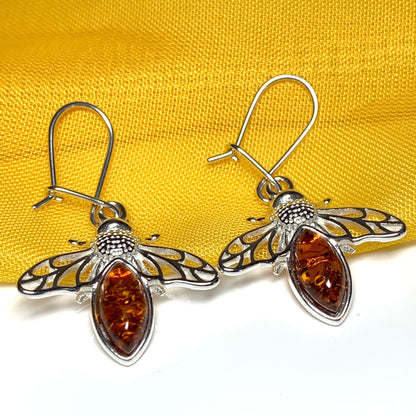 Sterling Silver Orange Amber Bumble Bee Drop Earrings