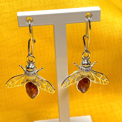 Sterling Silver Orange Amber Bumble Bee Drop Earrings