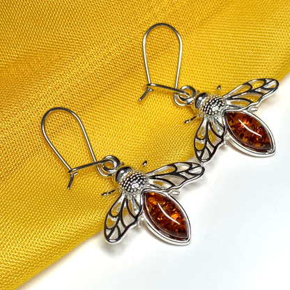 Sterling Silver Orange Amber Bumble Bee Drop Earrings