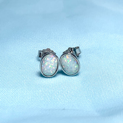 Sterling Silver Oval Opal Stud Earrings