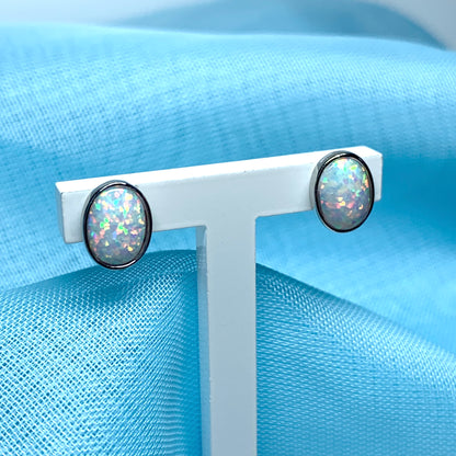 Sterling Silver Oval Opal Stud Earrings