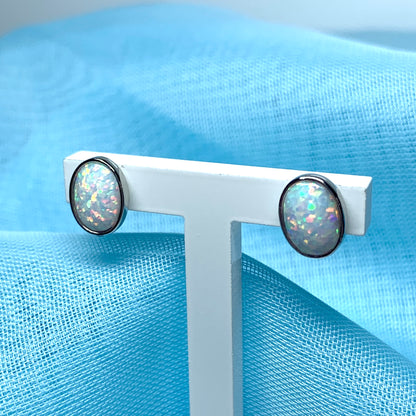 Sterling Silver Oval Opal Stud Earrings