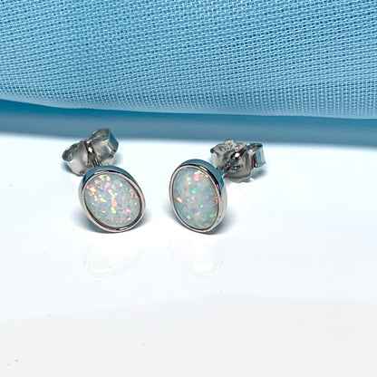 Sterling Silver Oval Opal Stud Earrings