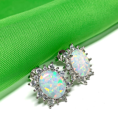 Sterling Silver Oval Opal and Cubic Zirconia Earrings