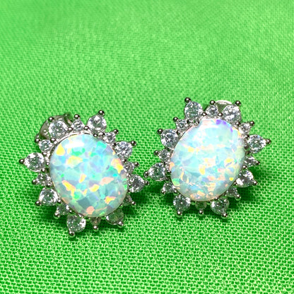 Sterling Silver Oval Opal and Cubic Zirconia Earrings