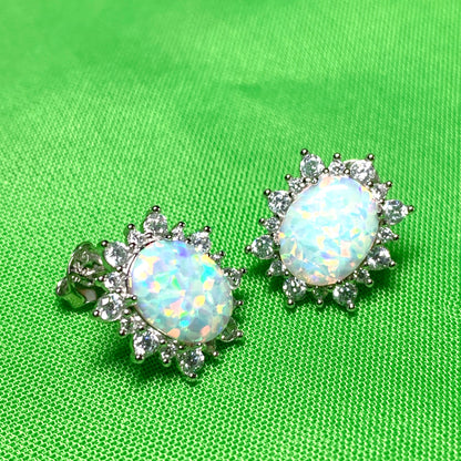 Sterling Silver Oval Opal and Cubic Zirconia Earrings