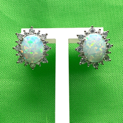 Sterling Silver Oval Opal and Cubic Zirconia Earrings