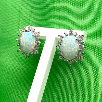 Sterling Silver Oval Opal and Cubic Zirconia Earrings